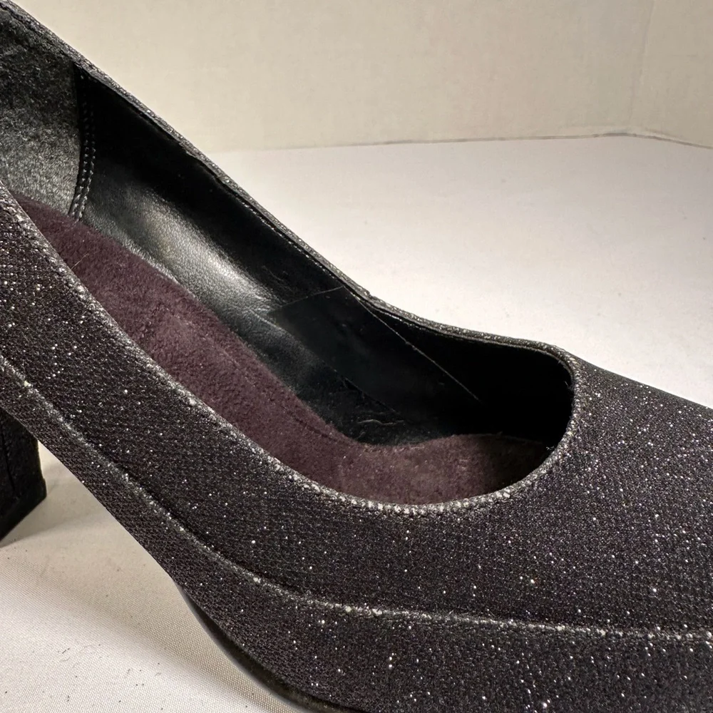 AA2 by Aerosoles Black Glitter Heels Sz 7.5 Womens Sparkle Dress Open Toe Slip-O - Picture 9 of 9